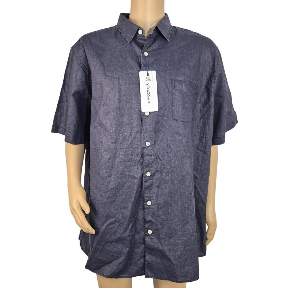 Caribbean Men’s Linen Shirt Size XLT Navy Blue Short Sleeve Button Up Glossy 55